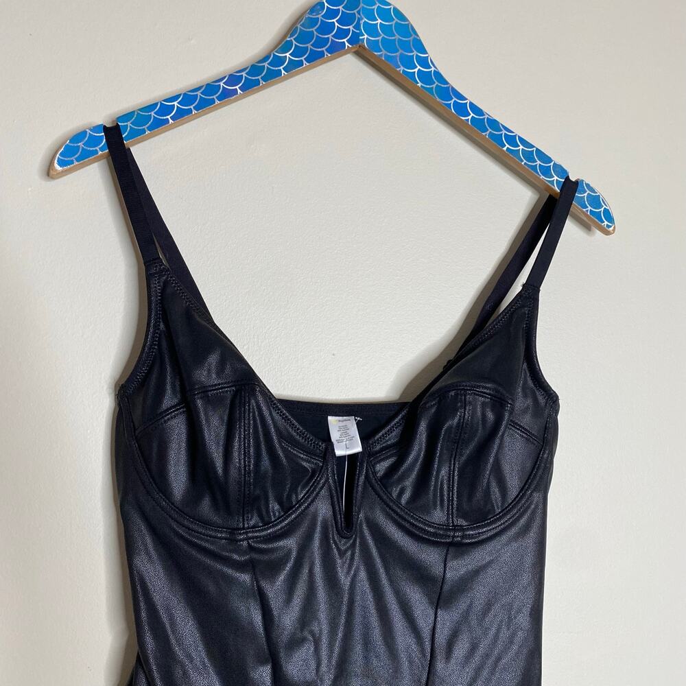 POPILUSH Shapewear Black Faux Leather Plunging V Sculpting Corset Bodysuit Large - Picture 3 of 9